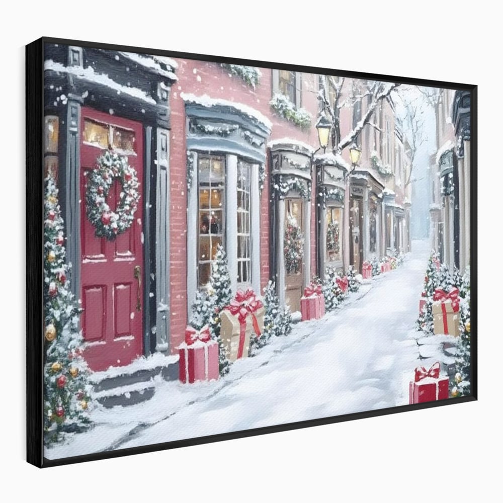 Tablou canvas cu tablou canvas cu strada urbana de iarna, in rama de aluminiu negru